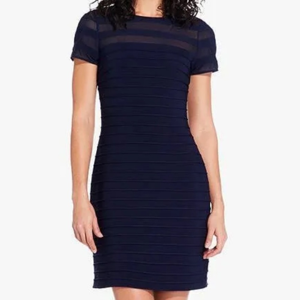 Adrianna Papell Women's Navy Blue Banded Short Sleeve Mini Sheath Dress - 4 NWT